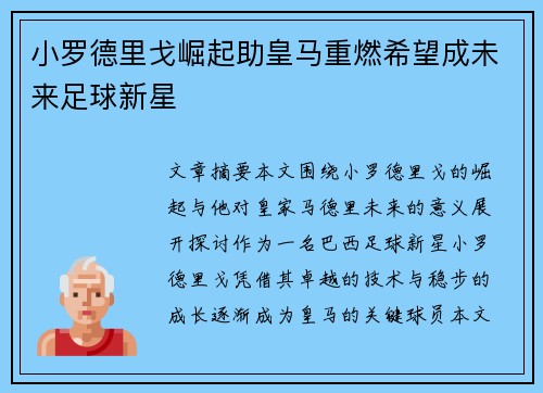 小罗德里戈崛起助皇马重燃希望成未来足球新星 小罗德里戈崛起助皇马重燃希望成未来足球新星